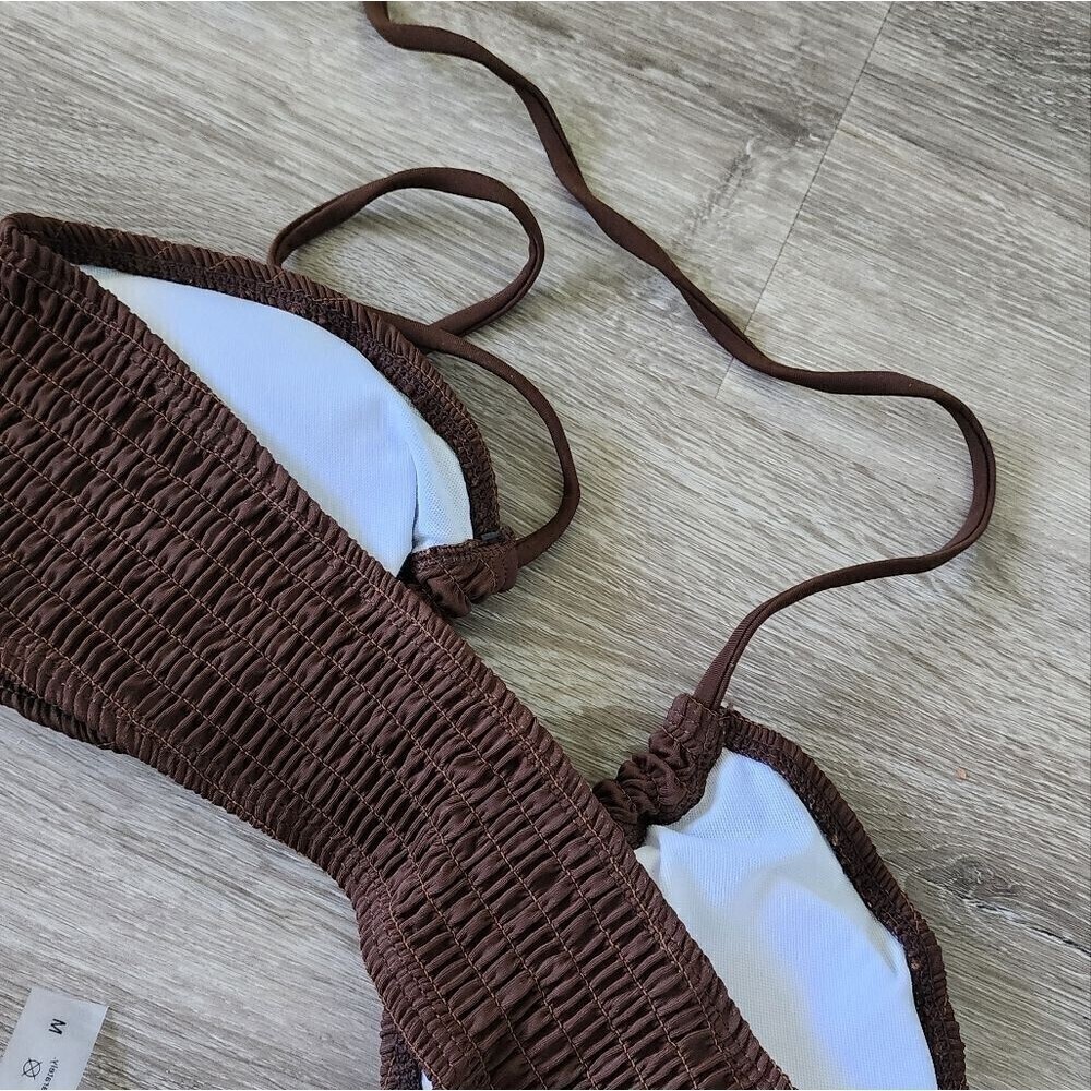 SweatyRocks Women's 2 Piece brown Ribbed Tie Side Halter Bikini Swimsuit Medium - Picture 6 of 10